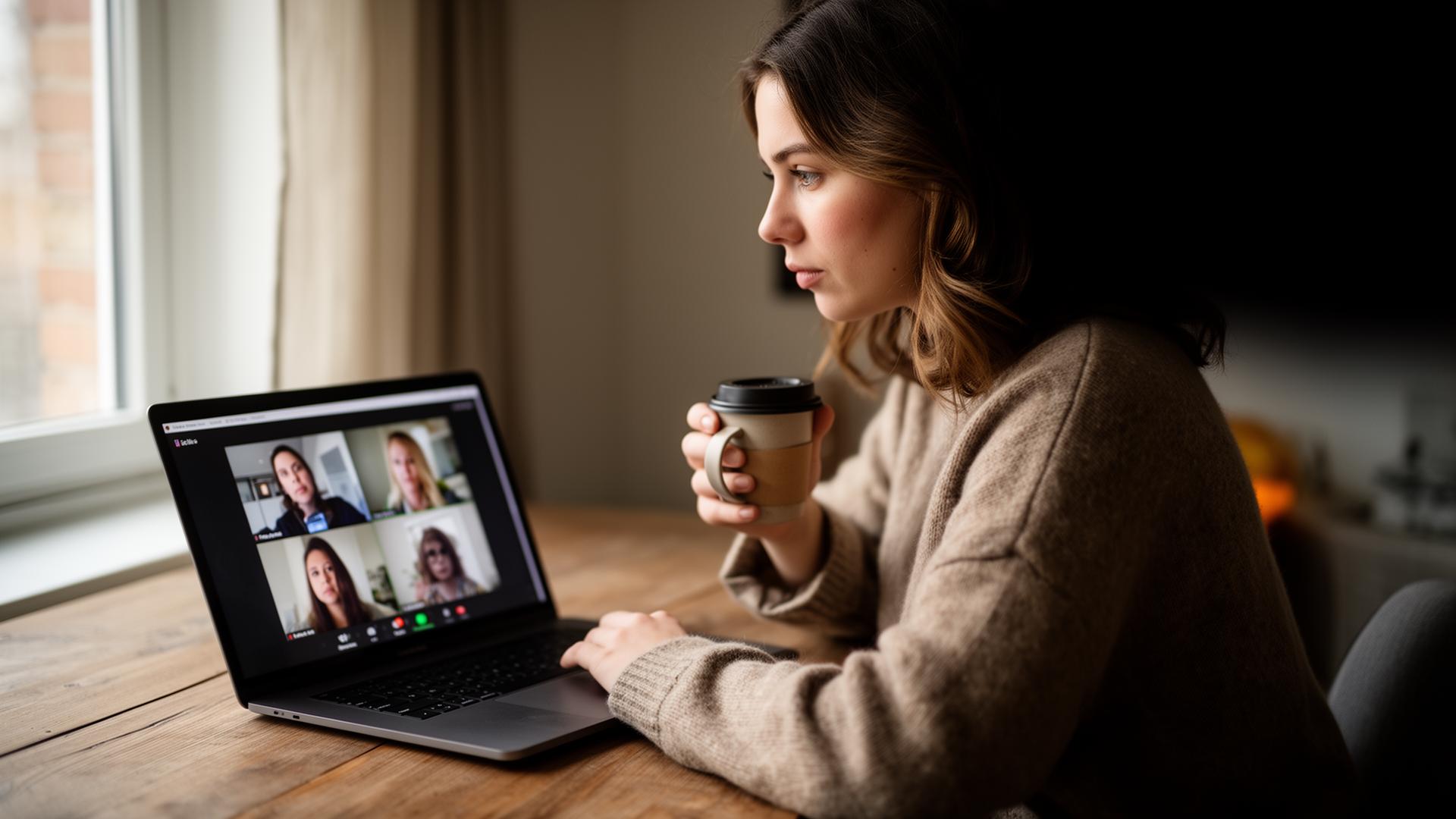 A woman holding coffee at a wooden desk with a laptop showing a video call grid, soft window light