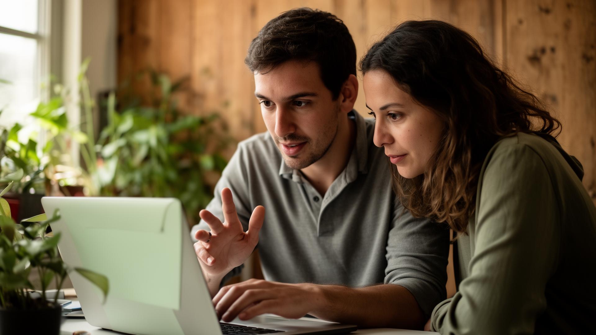 Two creatives sharing a laptop in a sunlit studio, plants and warm wood in the background