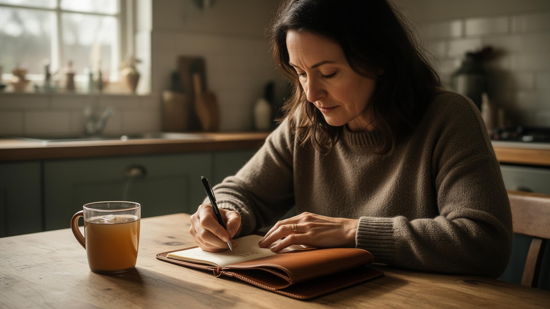 A woman writing in a leather notebook at a quiet kitchen table in soft morning light
