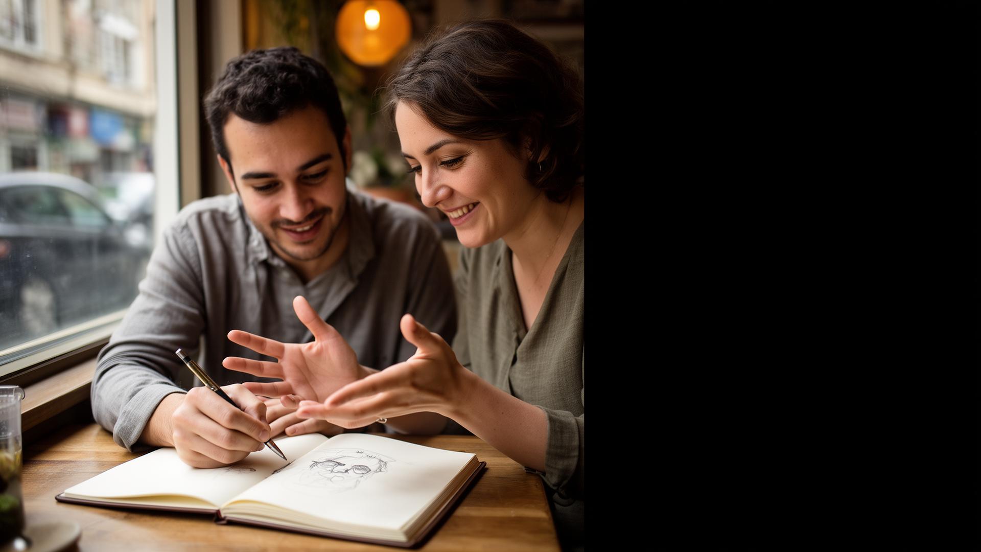Two adults sketching together in a notebook at a sunlit cafe table, one teaching the other