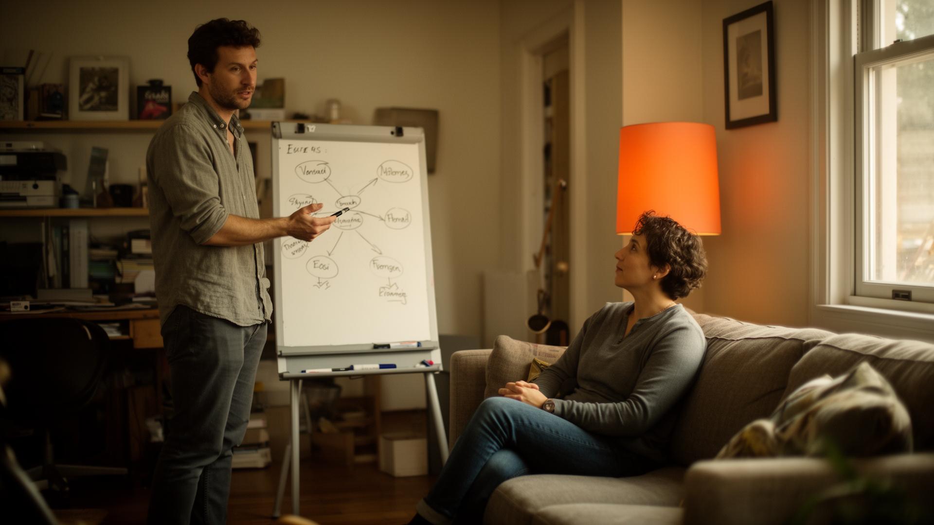 A man explaining a diagram on a whiteboard to a person seated on a sofa in a warm home office
