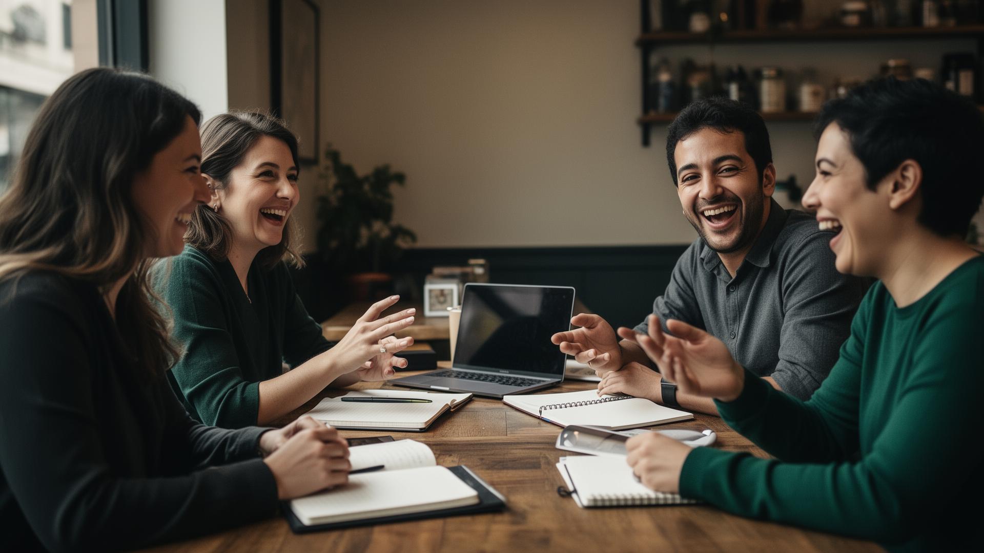 Four adults around a wooden cafe table in animated discussion with notebooks and a laptop
